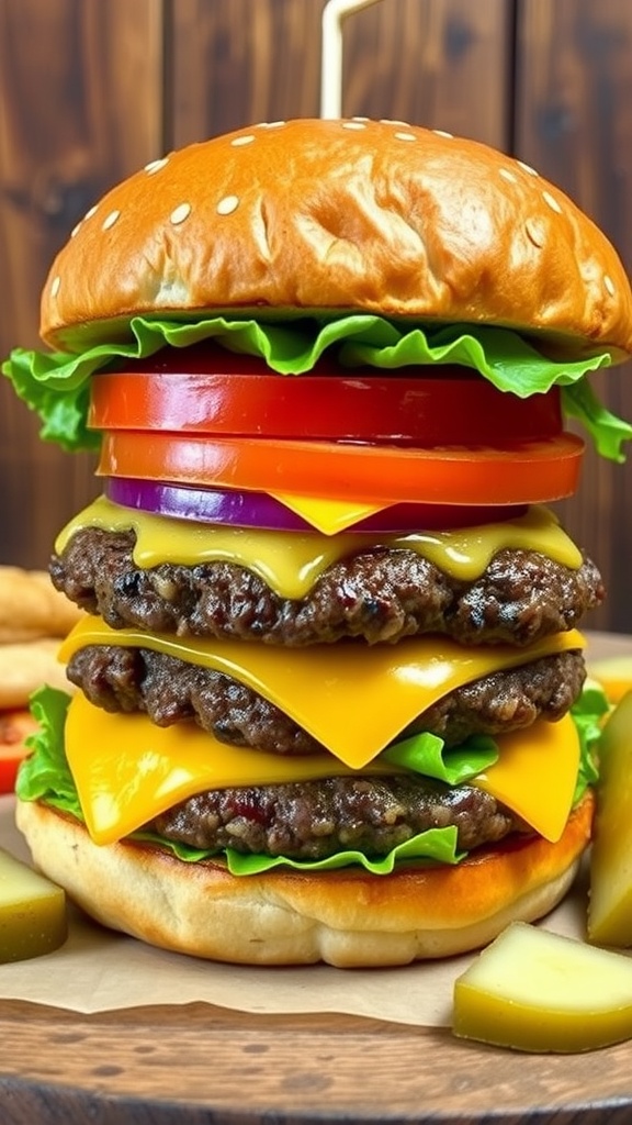 Juicy cheeseburger with melted cheese, lettuce, tomato, and onion on a toasted bun.